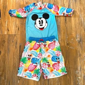 Mickey Mouse swim suit shorts and swim shirt. Size 9/10 US